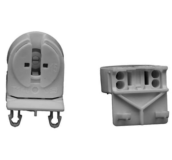 Två vita lysrörshållare G5 i plast – avsedda för T5-lysrör med 16 mm diameter, ofta i kontors- och köksbelysning.