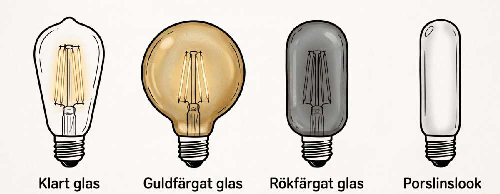 En illustration av fyra olika LED-glödlampor som visar olika glasfinishar, från vänster till höger: klart glas, guldfärgat glas, rökfärgat glas och porslinslook.