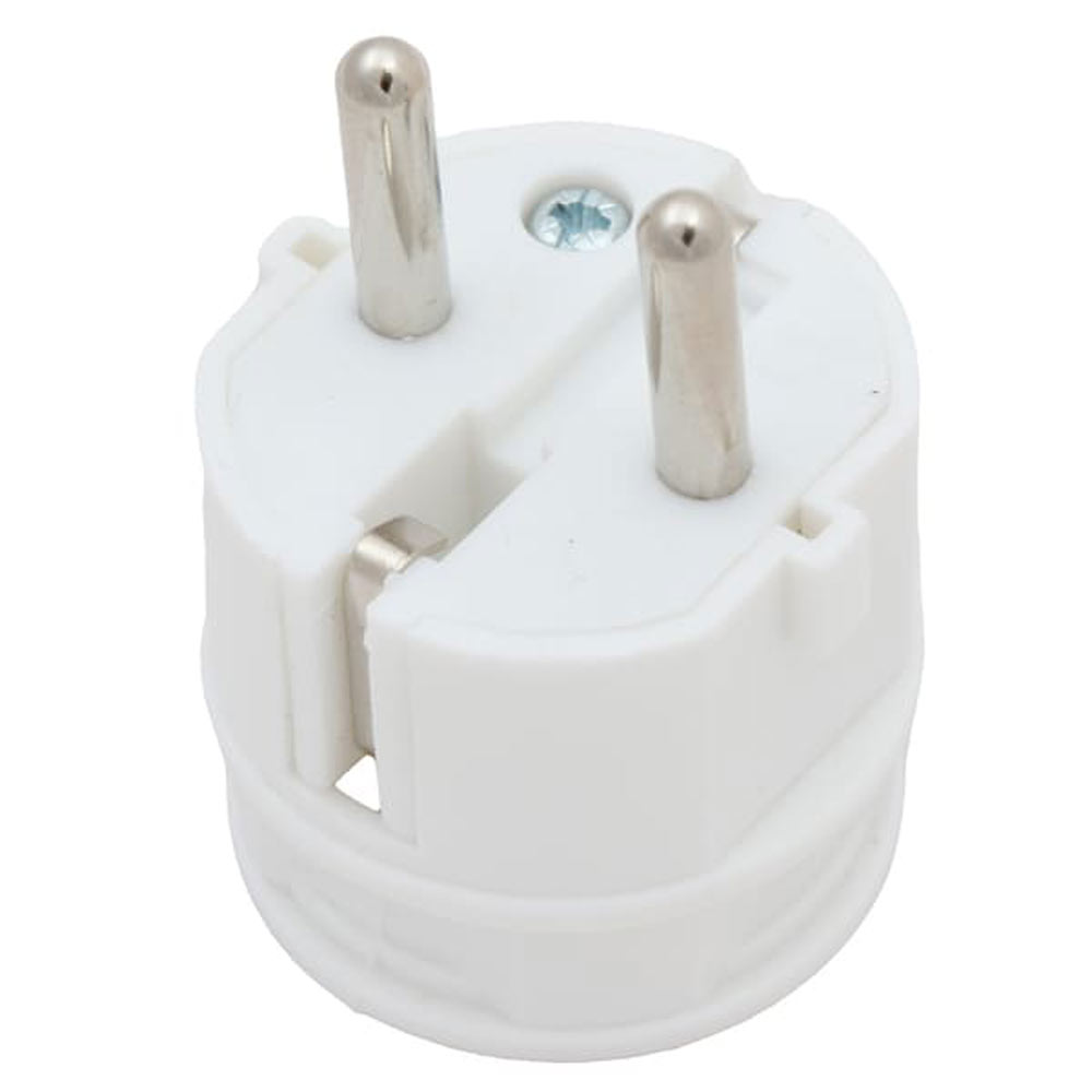 Vit stickpropp med jord och skruvanslutning, anpassad för 230V elinstallationer i hem och offentlig miljö.