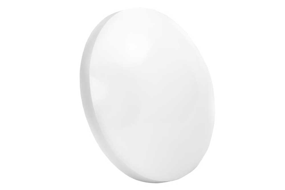 Rund täcktakbricka i vit plast med slät front, avsedd för att dölja takinfästning vid lampmontering.